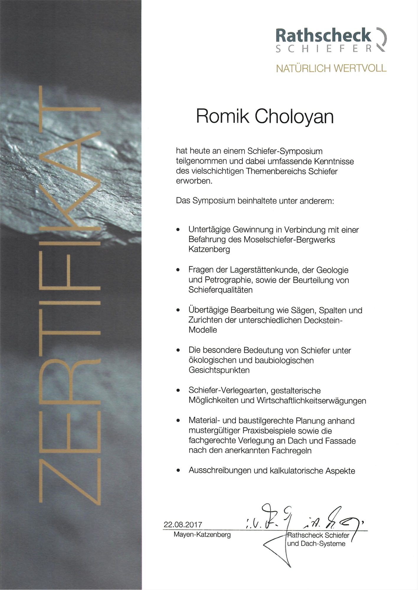 Zertifikat Rathscheck Schiefer