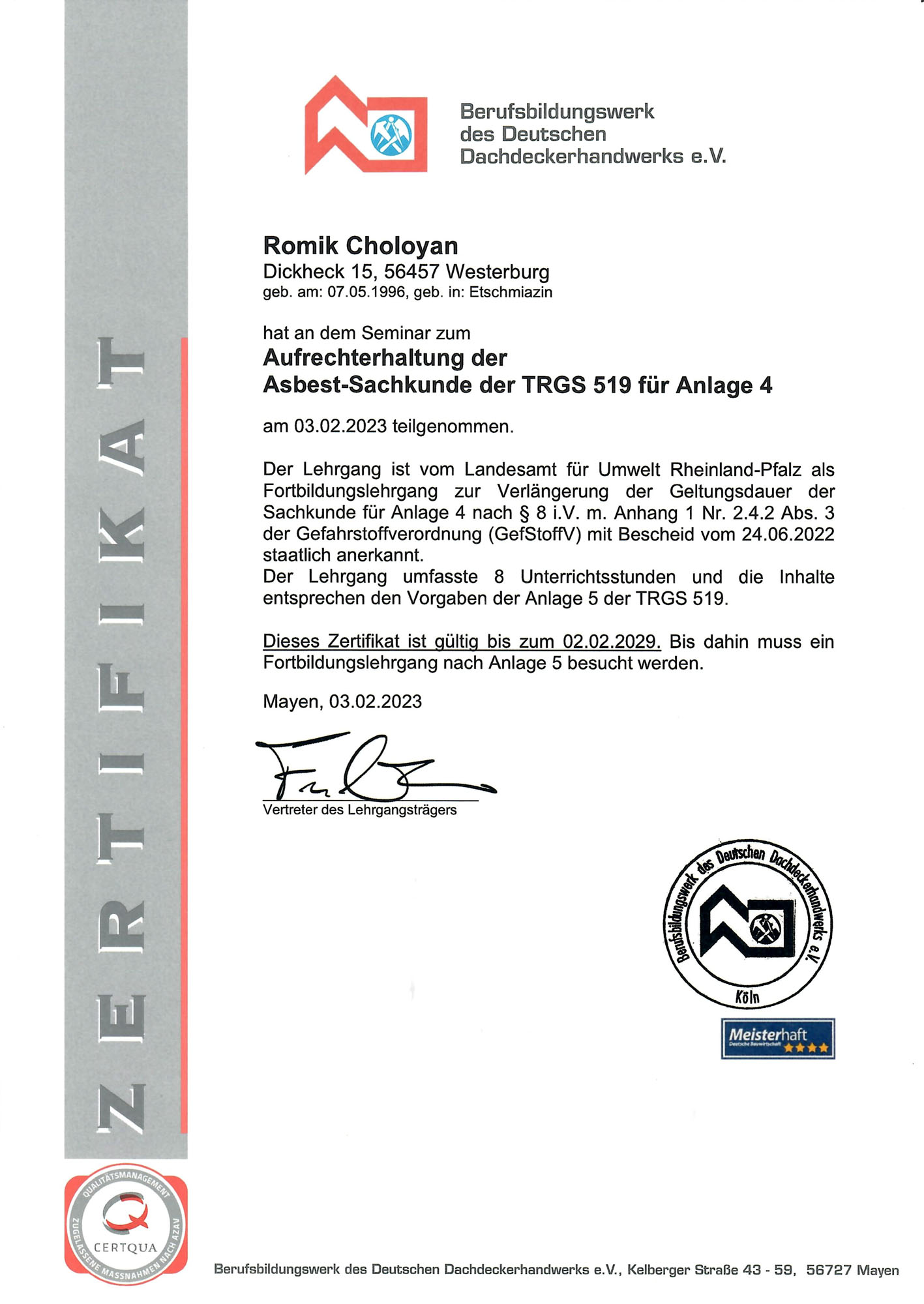 Zertifikat Asbestsanierung